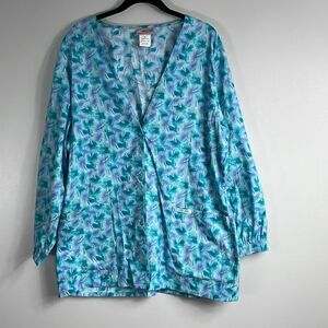 Cherokee cotton print two pocket button front cinch tie back scrub jacket coat M